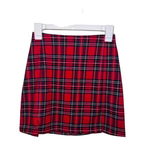 BRANDY MELVILLE Red Tartan Plaid Mini Skirt Slit Thigh Pencil Skirt Sz S - Picture 1 of 7